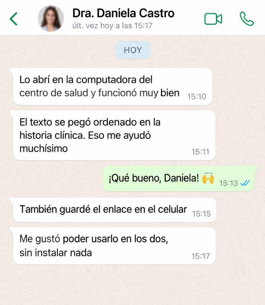 Conversación ilustrativa en español con Dra. Daniela Castro; ejemplo ficticio