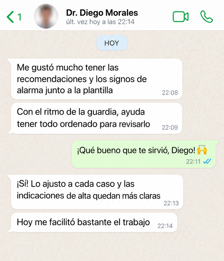 Conversación ilustrativa en español con Dr. Diego Morales; ejemplo ficticio