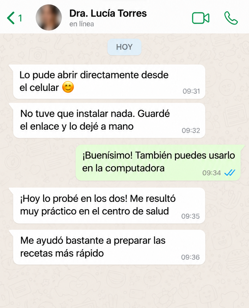 Conversación ilustrativa en español con Dra. Lucía Torres; ejemplo ficticio