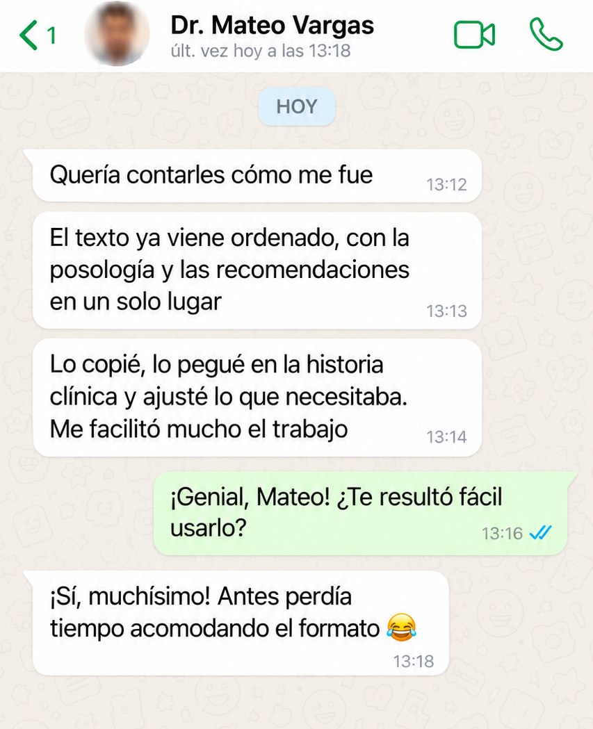 Conversación ilustrativa en español con Dr. Mateo Vargas; ejemplo ficticio