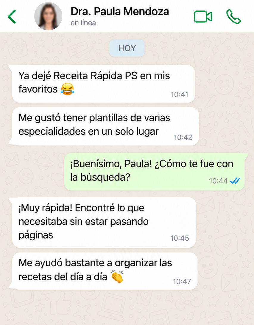 Conversación ilustrativa en español con Dra. Paula Mendoza; ejemplo ficticio