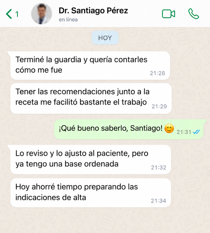 Conversación ilustrativa en español con Dr. Santiago Pérez; ejemplo ficticio