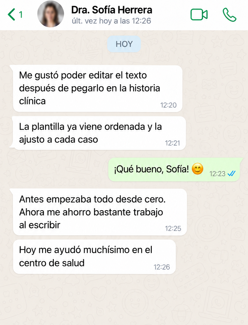 Conversación ilustrativa en español con Dra. Sofía Herrera; ejemplo ficticio