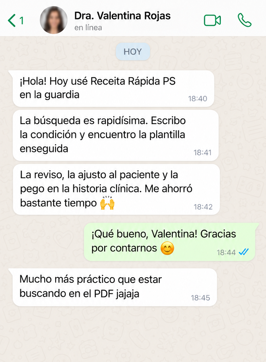 Conversación ilustrativa en español con Dra. Valentina Rojas; ejemplo ficticio